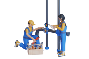 3D illustration of a male plumber checking pipelines. Plumbing repair service, plumber working in the bathroom. 3D illustration png