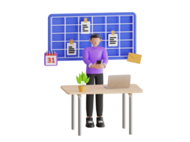 Man checking his meeting schedule 3d illustration. man was using her phone to take notes in calendar app. Concept of scheduling information png