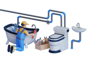 une homme les usages une clé et gluant ruban à réparation une l'eau robinet dans une baignoire. une homme est apposer une douche robinet à le emplacement. 3d illustration png