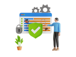 3d illustration of encrypted computer with shield and padlock. Antivirus testing concept. Data protection and cyber security concept png