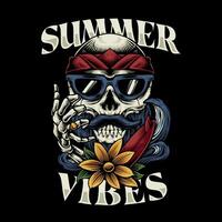 summer skull vibes vector illustration with surfboard, flowers and waves elements