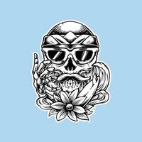 summer skull vibes vector illustration with surfboard, flowers and waves elements