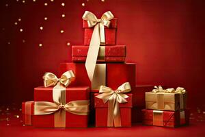 Gift boxes on red background. Christmas and New Year concept. a pile of presents with gold bows and bows on top of each other, with a red background, AI Generated photo