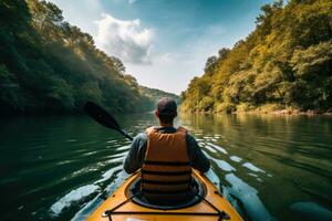 hombre kayak en el río en el bosque. activo estilo de vida. un personas posterior ver de disfrutando un eco simpático actividad de kayak, ai generado foto