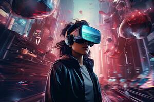 joven mujer vistiendo virtual realidad gafas de protección en futurista ciudad. 3d representación, un persona vistiendo virtual realidad anteojos, inmerso en un futurista, alta tecnología ambiente. , ai generado foto