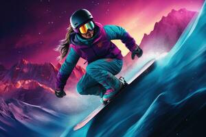 snowboarder saltando en el montañas en contra Aurora borealis fondo, confidente mujer montando un snowboard, exhibiendo su poderoso músculos y fluido movimiento, ai generado foto