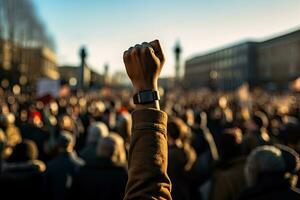 multitud de personas acecho el concierto a el abierto aire. un elevado puño de un manifestante a un político demostración, ai generado foto