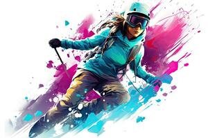 joven mujer esquiador en ropa de deporte con tabla de snowboard ilustración. confidente mujer montando un snowboard, exhibiendo su poderoso músculos y fluido movimiento, ai generado foto