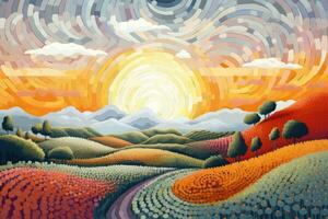 otoño paisaje con vistoso sierras, Dom y nubes ilustración. un puntillismo pintura de un paisaje. digital Arte ilustración, ai generado foto