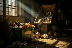 basura en el antiguo fábrica. selectivo enfocar. superficial profundidad de campo. capturar el escena de un desperdicio de comida contenedor de basura, dónde basura y escombros se aferra a el paredes y pisos, ai generado foto