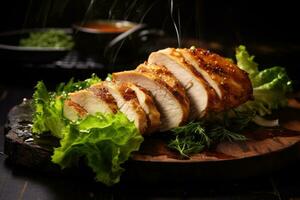 Grilled chicken breast with lettuce and sauce on a wooden board. perfectly cooked juicy chicken breast undermines the traditional image of a tender, juicy cutlet, AI Generated photo