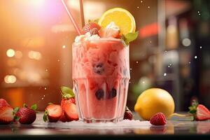 Strawberry and blueberry smoothie in a glass on the bar background, A refreshing fruit smoothie poured into a clear glass on a cafe-style background, AI Generated photo