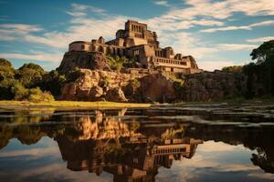 castillo de castelsardo en toscana, Italia. antiguo maya maya templo encaramado en un acantilado con vista a un asombroso, árido paisaje, ai generado foto