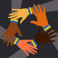 The hands of people from different countries of nationalities and religions united in the struggle for peace in Ukraine. Ribbon on the hands with the colors of the national flag of Ukraine. Vector. vector