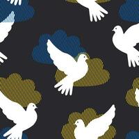 White doves of peace fly among yellow and blue clouds against a black sky creating a seamless pattern for textile. Vector. vector