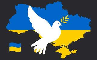 A white dove of peace against the backdrop of a map of Ukraine in the national colors of blue and yellow on a black horizontal background. Vector. vector
