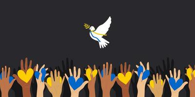 A white dove of peace on a horizontal black poster with the crowd's hands raised up holding hearts in blue and yellow. Vector. vector