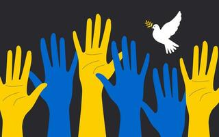The hands of the crowd are raised up in national colors of the flag of Ukraine praying for peace and a white dove in the sky on a horizontal black background. Vector. vector
