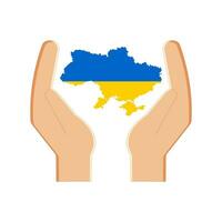 Ukraine map icon in the national colors of the flag of blue and yellow in the hands of those praying for peace, isolated on a white background. Vector. vector