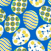 Easter painted eggs on a blue background create a seamless pattern in a modern design for textiles, fabrics. Vector. vector