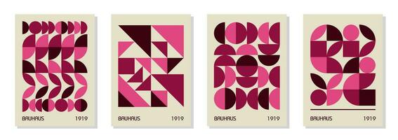 conjunto de 4 afiches de diseño geométrico vintage mínimo de los años 20, arte mural, plantilla, diseño con formas primitivas. fondo de patrón retro magenta rosa bauhaus, círculo abstracto vectorial, triángulo y cuadrado vector