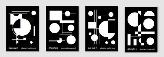 Set of 4 minimal vintage 20s geometric design posters, wall art, template, layout with primitive shapes elements. Bauhaus retro pattern background, vector abstract circle, triangle and square line art