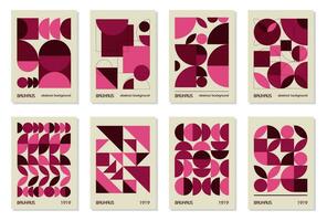 Set of 8 minimal vintage 20s geometric design posters, wall art, template, layout with primitive shapes. Bauhaus pink magenta retro pattern background, vector abstract circle, triangle and square