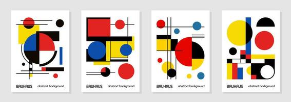 Set of 4 minimal vintage 20s geometric design posters, wall art, template, layout with primitive shapes elements. Bauhaus retro pattern background, vector abstract circle, triangle and square line art