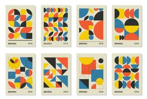 conjunto de 8 afiches de diseño geométrico mínimo de los años 20, arte mural, plantilla, diseño con elementos de formas primitivas. fondo de patrón retro bauhaus, círculo abstracto vectorial, triángulo y arte de línea cuadrada vector