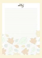 Planner page template. Autumn vector background for Notebook, Schedule, Journal or Diary. Trendy pages in floral design with Fallen leaves. Blank sheet for Notes. Printable illustration for Organizer.