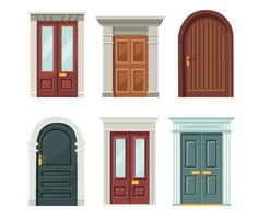 Set of different entrance doors to a house or building in a flat style. vector