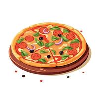 Bright pizza with sausage on a wooden stand in a cartoon style. vector