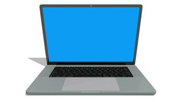 Intro video of aluminum laptop seen from the front on a white surface opens and the camera zooms in on the blue screen. 3D Animation