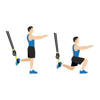 Man doing TRX Suspension straps suspended lunges exercise. Flat vector illustration isolated on white background