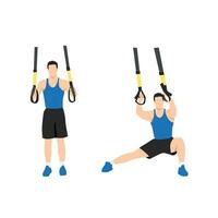 Man doing TRX Suspension straps side step. Lateral lunges exercise. Flat vector illustration isolated on white background