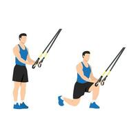 Man doing TRX Reverse lunges exercise. Flat vector illustration isolated on white background