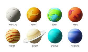 3D render Solar System planets set. Vector outer space gas giants Jupiter and Saturn, ice Uranus Neptune, Pluto. Rocky Mercury, Venus and Earth, Mars. Realistic colofful science, astronomy clay style