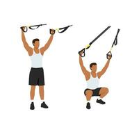 Man doing TRX Suspension straps overhead squats exercise. Flat vector illustration isolated on white background