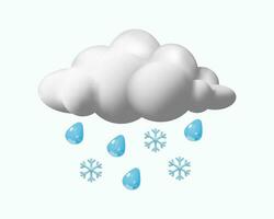 3D render rain and snow weather. Realistic weather forecast. Cloud, snowflakes and raindrops. Vector illustration in plastic style. Meteorology symbol for cold season, winter.