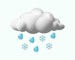 3D render rain and snow weather. Realistic weather forecast. Cloud, snowflakes and raindrops. Vector illustration in plastic style. Meteorology symbol for cold season, winter.