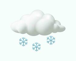 3D render snow weather. Meteorology winter season. Weather forecast about cold. Realistic snowflakes and cloud. Vector illustration in plastic style. Climate icon