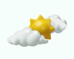 3D render partly sunny weather. Realistic vector illustration. Two clouds and sun in plastic style. Meteorology forecast. Symbol of sky for summer season.