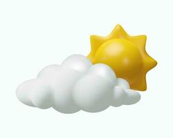 3D render partly sunny weather. Realistic vector illustration. Two clouds and sun in plastic style. Meteorology forecast about day. Symbol of sky for summer season.