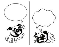 Vector cartoon character pug dog expressing different emotions with speech bubbles