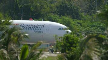 phuket, Tailandia noviembre 30, 2019 - aerobús a330 de viento del norte rodaje después aterrizaje en el phuket aeropuerto hkt. ver mediante palma árboles, avión en el aeródromo video