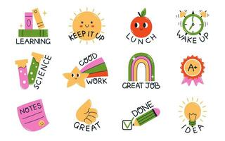 Vector school illustration set. Collection of trendy elements with inspirational phrases for school day planner. Back to school objects in flat design. Motivation stickers for student study routine.