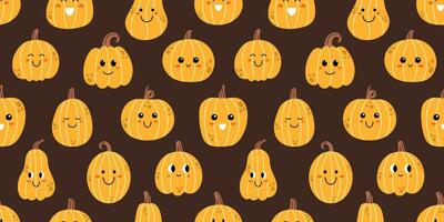 Vector autumn seamless pattern with cute pumpkins. Yellow smiling pumpkins on dark brown background. Thanksgiving or Halloween seamless pattern with cute pumpkins. Fall print in flat design.