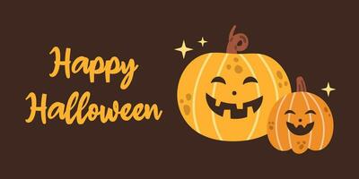 Happy Halloween banner or poster with pumpkins. Party invitation with cute halloween pumpkins on dark brown background in flat design. Trick or treat. Scary and spooky. Poster or banner template. vector