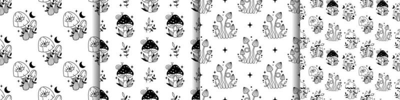 Vector magic psychedelic seamless pattern set. Outline mushrooms, stars, moons and plants. Black mystic mushrooms on white background. Witchy esoteric seamless pattern collection.