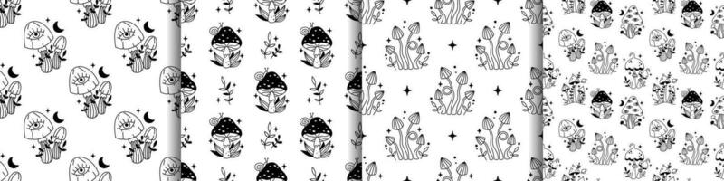 Vector magic psychedelic seamless pattern set. Outline mushrooms, stars, moons and plants. Black mystic mushrooms on white background. Witchy esoteric seamless pattern collection.